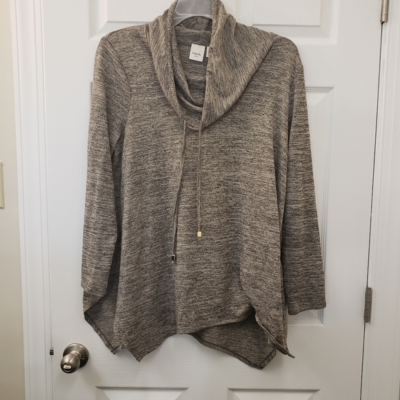 Rafaella weekend, Tan black, cowlneck drawstring, sharkbite hem knit tunic, SZXL - Picture 10 of 14